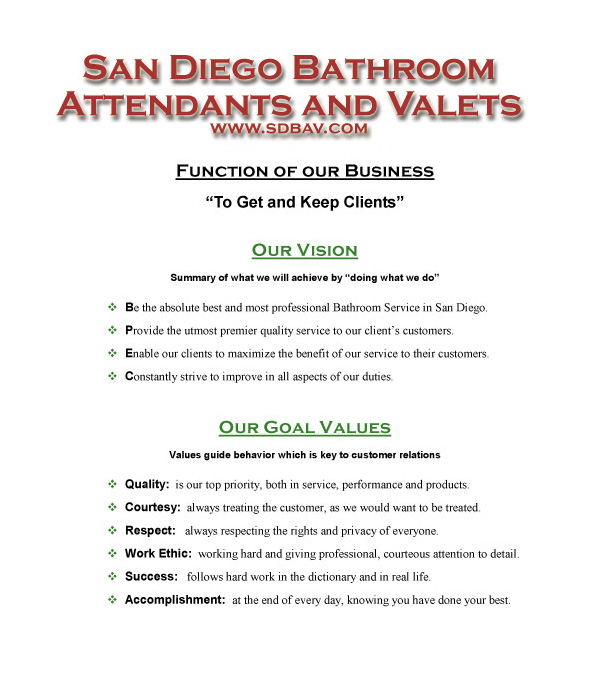 San Diego Bathroom Attendants and Valets Services are offered free of charge to you the Client (unless the venue dictates a stipend).  Gratuities (tips) are earned for services rendered by the attendants, these gratuities are generated by the graciousness and generosity of your customers.  Your customer will never feel pressured to contribute any sums at anytime by any Attendant.  Each venue will have the fullest compliment of condiments, lotions, and a vast array of Colognes and Sprays for your customers.  All of our current Attendants meet or exceed any standard of quality and excellence in providing the most competent and capable Bathroom Service available anywhere in San Diego and Southern California.